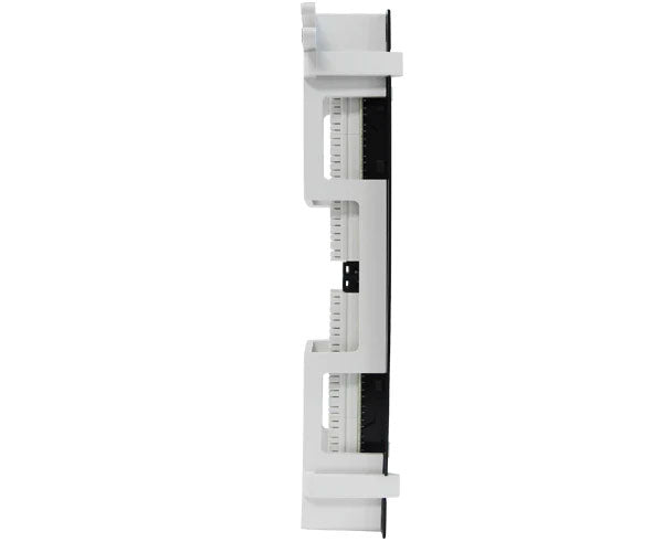 Wall-mounted 12-port CAT5E patch panel in a network setup with a white background