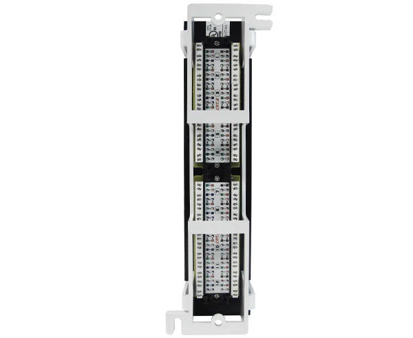 Close-up of a 12-port CAT5E patch panel showing connected punch down blocks