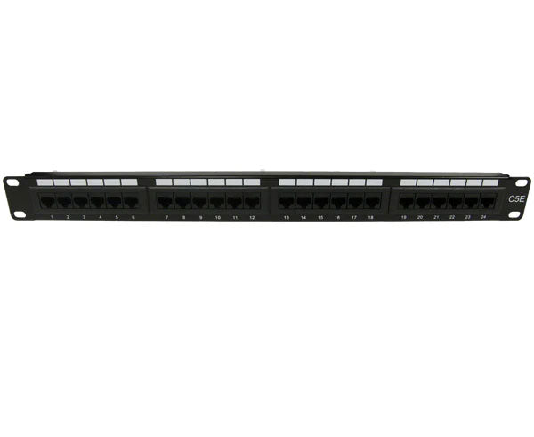 Front view of a 24-port CAT5E unshielded patch panel for 19-inch rackmount