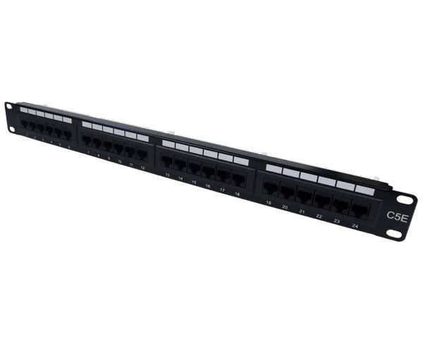 Detail of the cable management features on the 24-port CAT5E patch panel