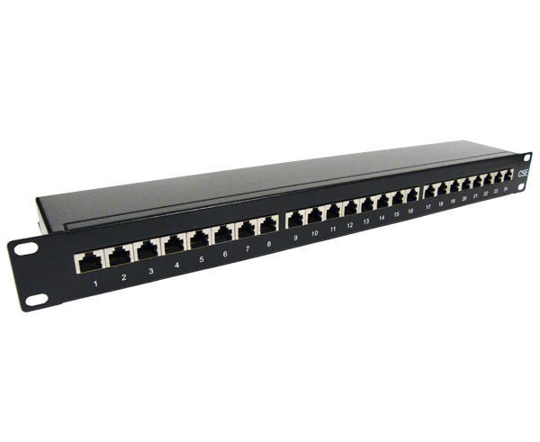 Front view of a 24-port CAT5E shielded patch panel in a 19-inch rackmount configuration