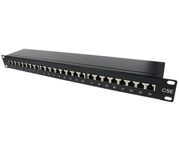 Angled view highlighting the port labels on the 24-port CAT5E shielded patch panel