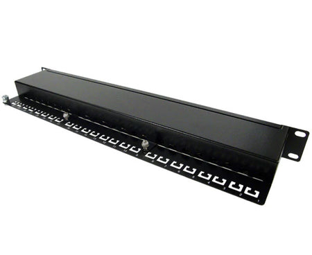 Rear view of the 24-port CAT5E shielded patch panel showcasing the cable management features
