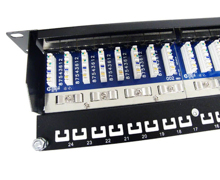 Close-up of the 24-port CAT5E shielded patch panel showing cable connections