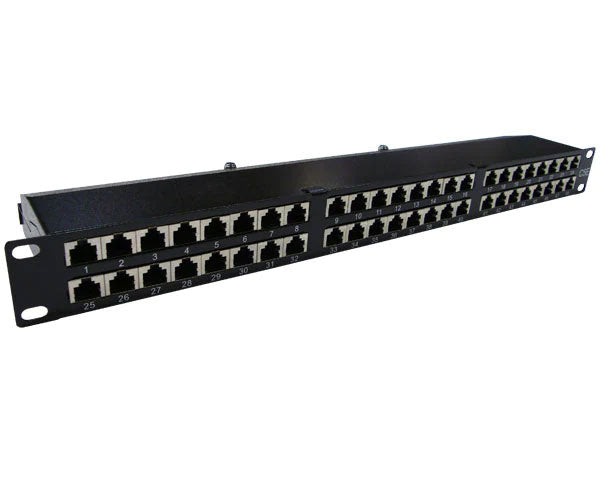 Angled view showcasing the 1U size of the 48 Port CAT5E Shielded Patch Panel