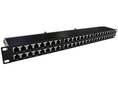 Angled view showcasing the 1U size of the 48 Port CAT5E Shielded Patch Panel