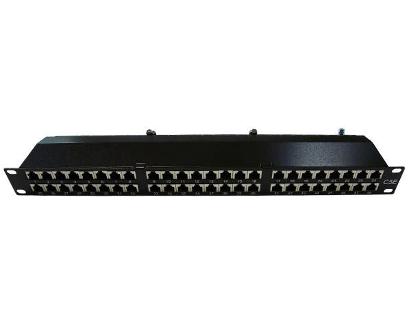 Front view of a 48 Port CAT5E Shielded Patch Panel in a 19-inch rackmount format