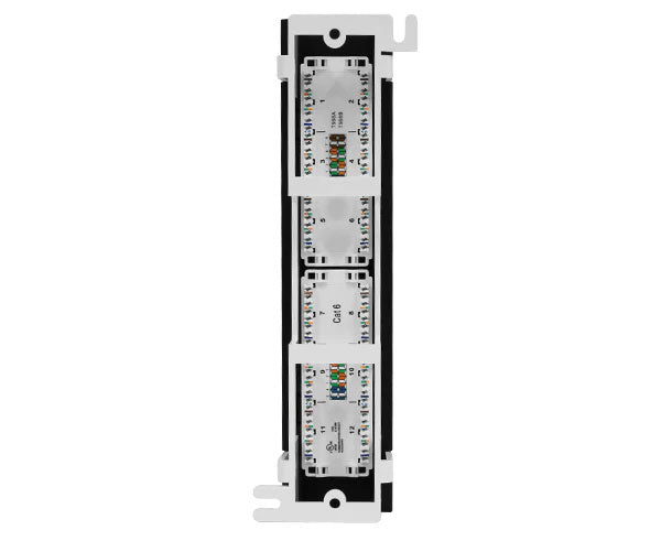 12-port CAT6 vertical patch panel mounted on a white wall with 89D bracket