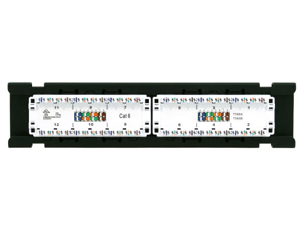 Angled view showing the rear of the 12-port CAT6 vertical wall mount patch panel