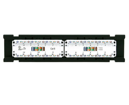 Angled view showing the rear of the 12-port CAT6 vertical wall mount patch panel