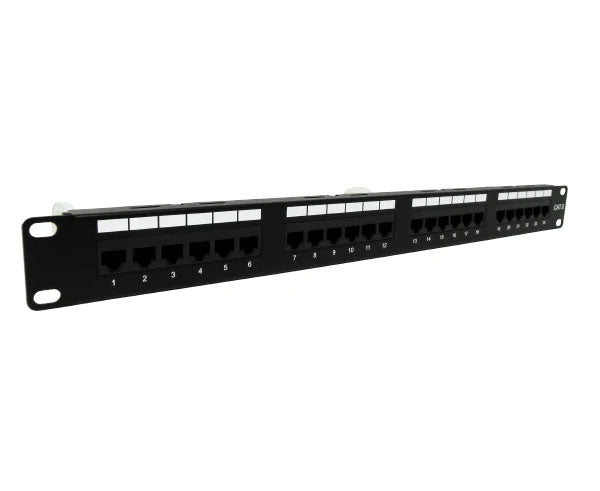 Close-up of the 24-port CAT6 patch panel with unshielded RJ45 ports