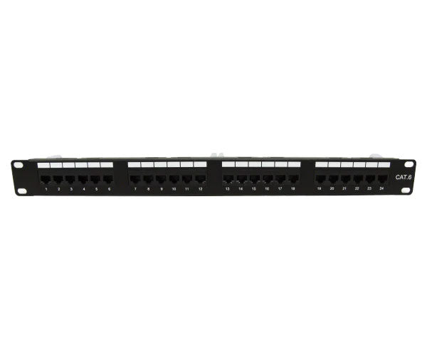 Front view of a 1U 24-port CAT6 network patch panel for rackmount