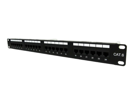 Angled view showing the connectivity options on the CAT6 unshielded patch panel
