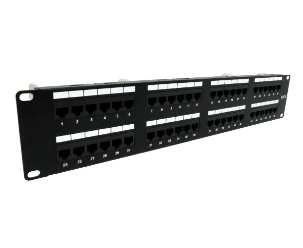 Angled view of a 48-port CAT6 unshielded patch panel in a 2U rack size