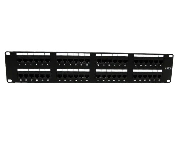 48-port CAT6 unshielded patch panel for mounting on a 19-inch rack
