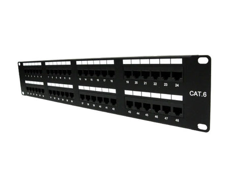 Close-up of the 48-port CAT6 unshielded patch panel connectors
