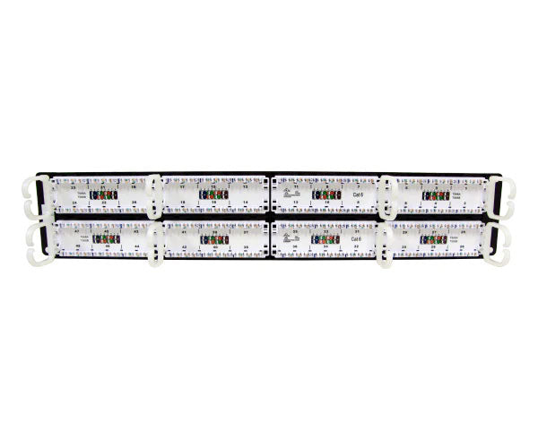 Rear view of a 48-port CAT6 network patch panel