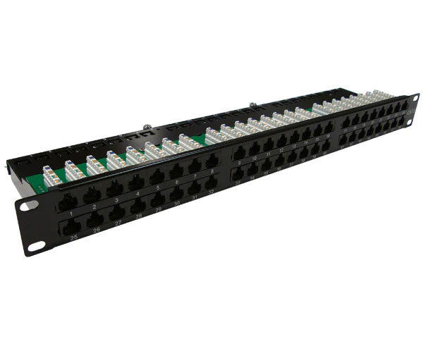 Front view of a 48 Port High Density CAT6 Unshielded Patch Panel in 1U size