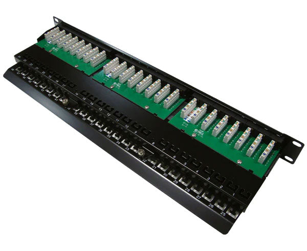 Close-up of the 48 Port CAT6 Patch Panel showing the unshielded RJ45 sockets