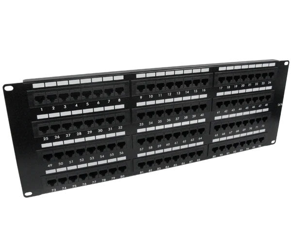 Close-up of a 96-port CAT6 unshielded patch panel in black with organized rows of connectors