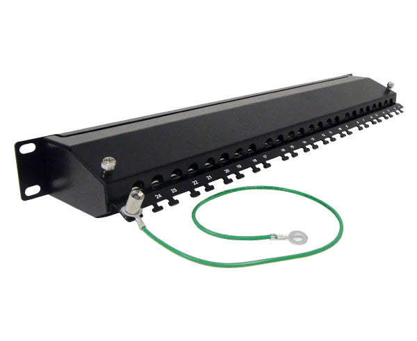 Detail of the cable management for a 24-port CAT6A 10G shielded patch panel