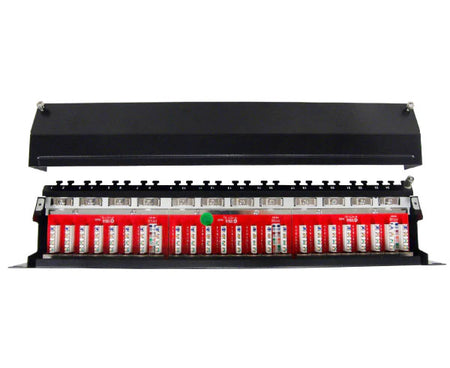 Top view of a 24-port CAT6A 10G shielded patch panel for rackmount