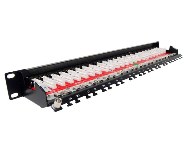 Angled view of a 1U 24-port CAT6A shielded patch panel in black