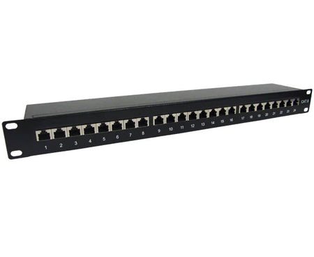 Angled view highlighting the connectivity options of the 24-port CAT6 patch panel