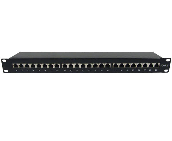 The 24-port CAT6 shielded patch panel displayed against a clean white background