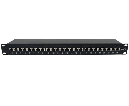 The 24-port CAT6 shielded patch panel displayed against a clean white background