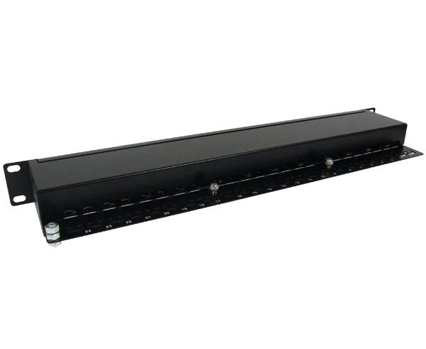 Rear view of a 24-port CAT6 shielded patch panel for 19-inch rackmount in 1U size