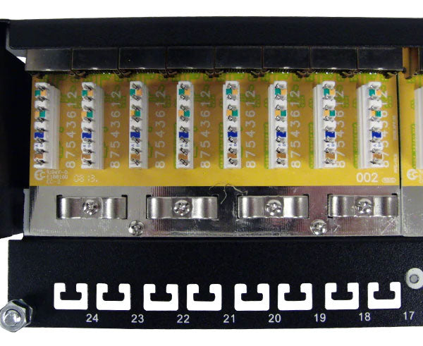 Detail of the shielded ports and labeling area on the 24-port CAT6 patch panel