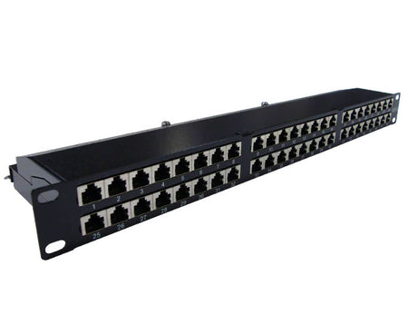 Front view of the 48 Port CAT6 Shielded Patch Panel showing the back connectors