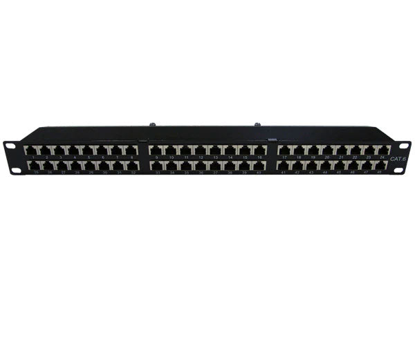 Front view of a 48 Port CAT6 Shielded Patch Panel in a rackmount configuration