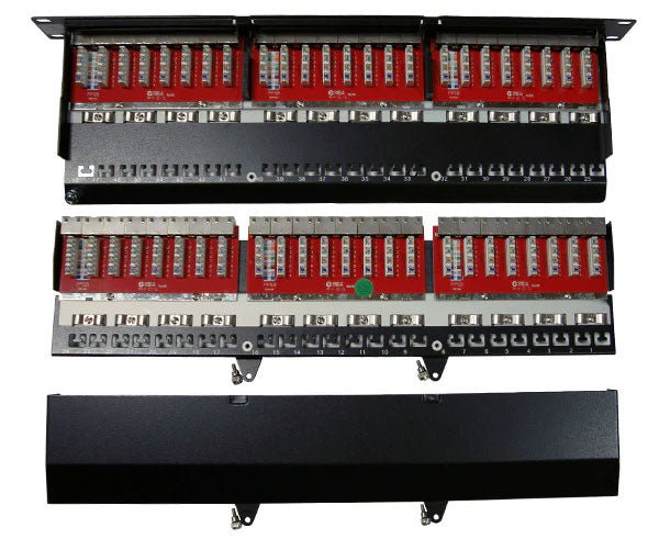 Angled view highlighting the port arrangement on the 48 Port CAT6 Shielded Patch Panel