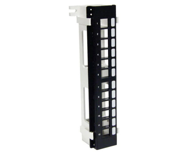 A wall mount 12 port blank network patch panel.