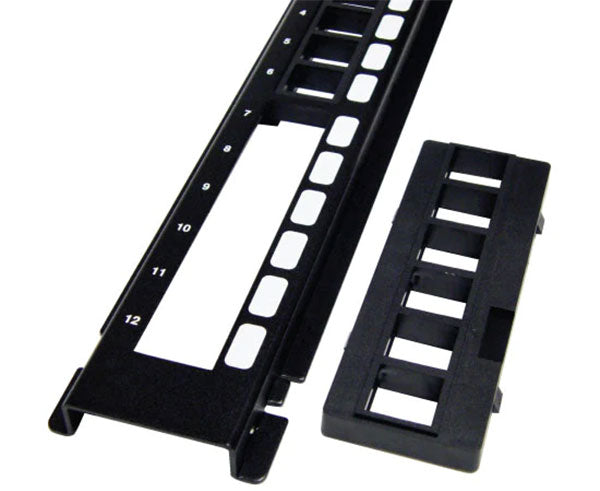 A wall mount 12 port blank network patch panel with pop out keystone bracket.