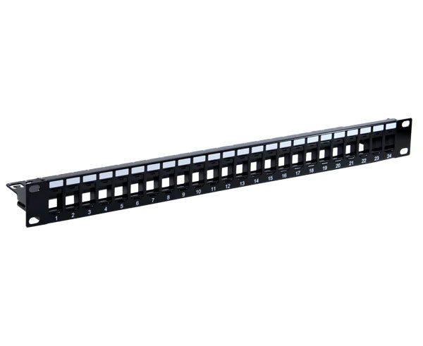 24 port high-density blank patch panel with printed port numbers.