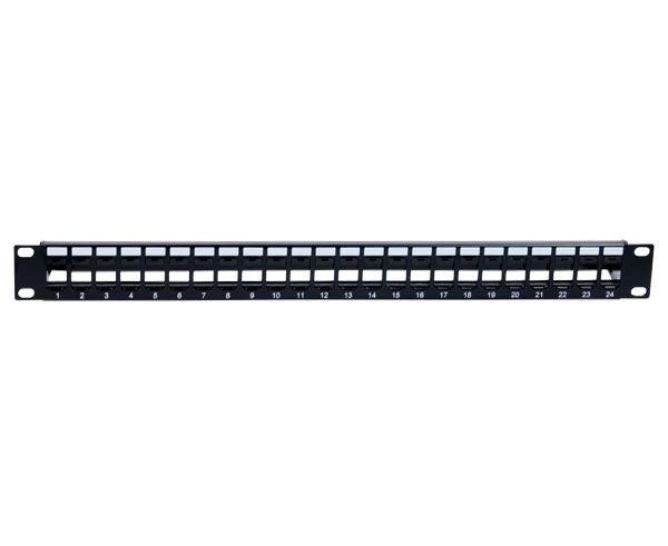 24 port high-density blank patch panel with printed port numbers and labels.