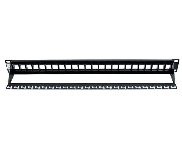 24 port high-density blank patch panel with cable support bar.