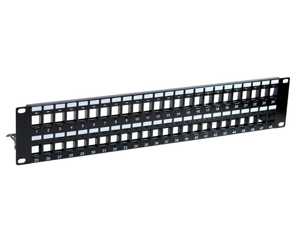 Angled view of a 2U blank patch panel with 48 ports and an integrated support bar for stability