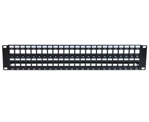 48-port high-density blank patch panel with support bar for mounting in a 2U rack space