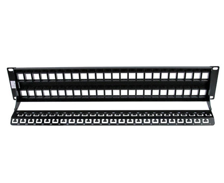 Rear view of a 48-port 2U blank patch panel designed for cable management