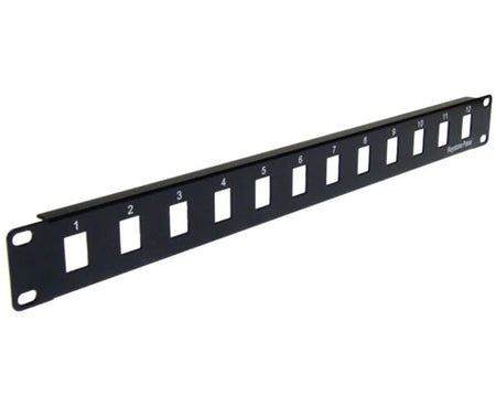 A 12 port blank keystone patch panel with printed port numbers.