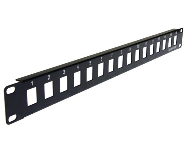 A 16 port blank keystone patch panel with printed port numbers.