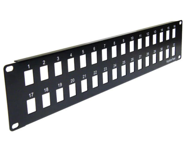 A 32 port blank keystone patch panel with printed port numbers.