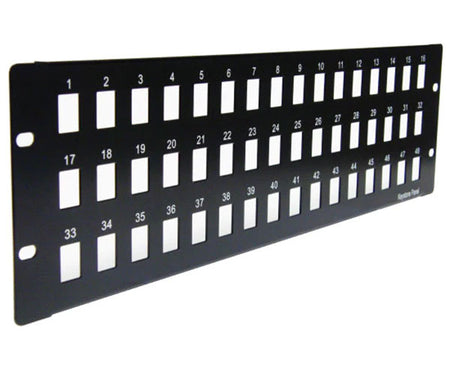 A 48 port blank keystone patch panel with printed port numbers.