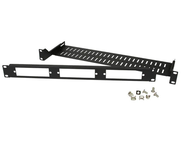 1U adjustable rack mount LGX fiber patch panel housing with rear cable support and mounting hardware.