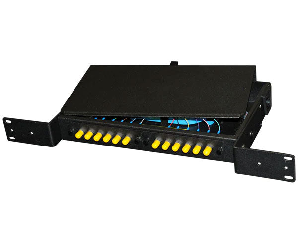 1U top-load fiber patch panel with two adapter panel capacity showing adapter placement.