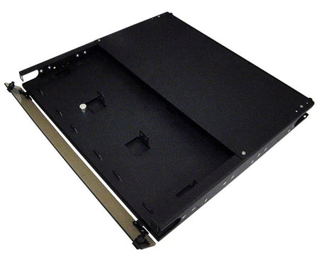 Detailed image of the HD Slide Out Fiber Patch and Splice Panel's sturdy black metal enclosure
